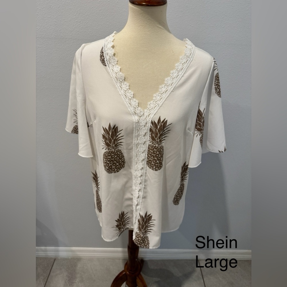 SHEIN White and Brown Pineapple Print Blouse